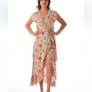 Walker & Wade Soft Organic Rayon Pink Red White Rose RuffleWrap Voyager Dress S?